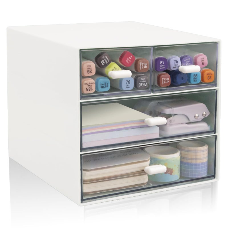 Zyners Desk Organizer with Drawer  Office Organizer with 4 Drawers  Desk Storage Box for  Desktop  Dressing table  Office  School  Home  Plastic Box and 4 Acrylic Drawers(White) - Image 1